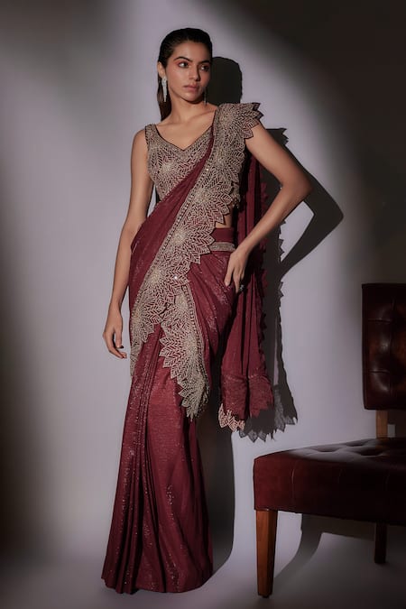 Ajiesh Oberoi Leaf Cutwork Border Pre-Draped Saree Set 