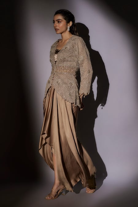 Buy_Ajiesh Oberoi_Beige Organza, Lycra Beads Open Neck, Cutwork Jacket And Draped Skirt Set _Online_at_Aza_Fashions