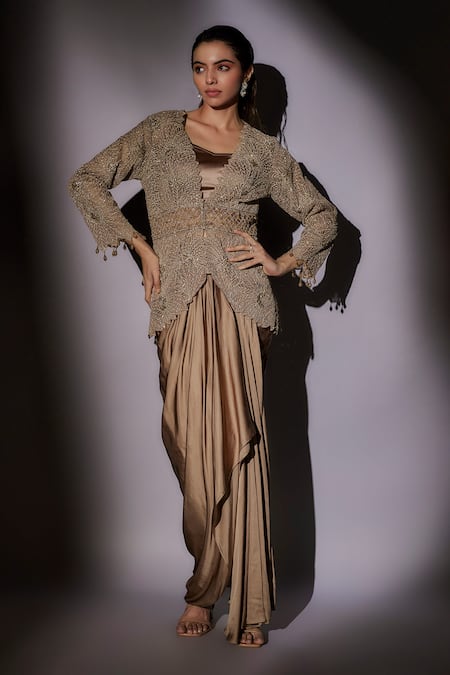 Ajiesh Oberoi Beige Cutwork Jacket & Draped Skirt Set 