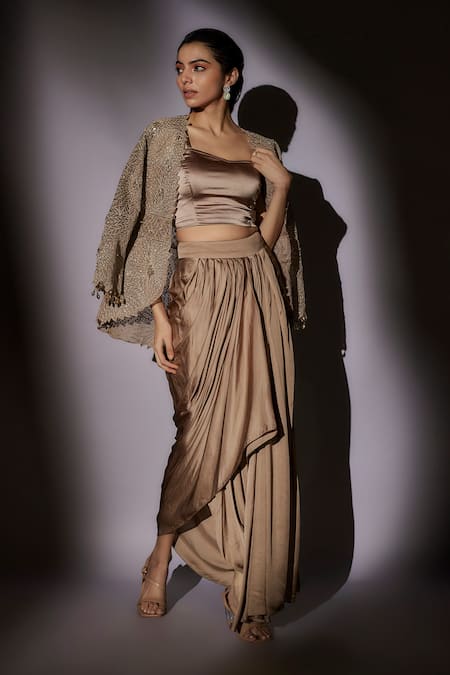 Shop_Ajiesh Oberoi_Beige Organza, Lycra Beads Open Neck, Cutwork Jacket And Draped Skirt Set _Online_at_Aza_Fashions