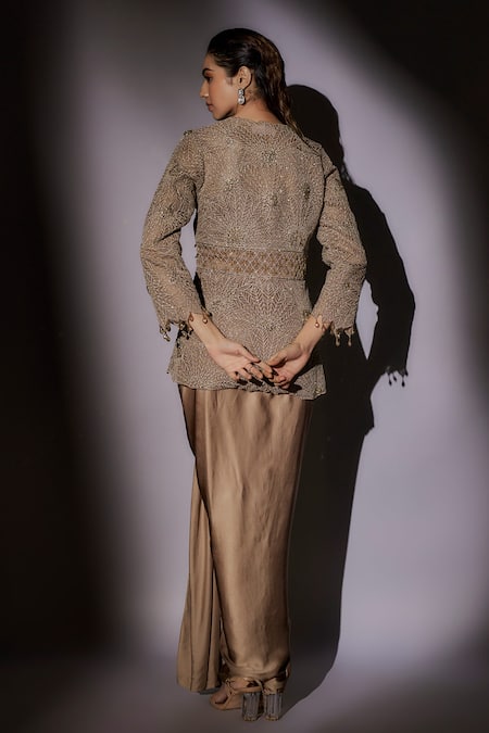Shop_Ajiesh Oberoi_Beige Organza, Lycra Beads Open Neck, Cutwork Jacket And Draped Skirt Set _at_Aza_Fashions