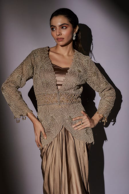 Ajiesh Oberoi_Beige Organza, Lycra Beads Open Neck, Cutwork Jacket And Draped Skirt Set _at_Aza_Fashions