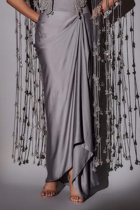 Buy_Ajiesh Oberoi_Gray Organza, Lycra Beads, Crystals Sweetheart Neck Embroidered Cape Skirt Set _Online_at_Aza_Fashions