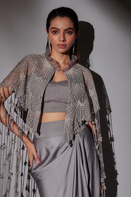 Ajiesh Oberoi_Gray Organza, Lycra Beads, Crystals Sweetheart Neck Embroidered Cape Skirt Set _at_Aza_Fashions