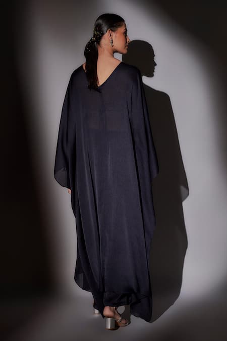 Shop Ajiesh Oberoi Blue Chiffon, Satin Beads V-neck Navy Crystal Embroidered Kaftan And Pant at Aza Fashions Shop_Ajiesh Oberoi_Blue Chiffon, Satin Beads V-neck Navy Crystal Embroidered Kaftan And Pant _at_Aza_Fashions