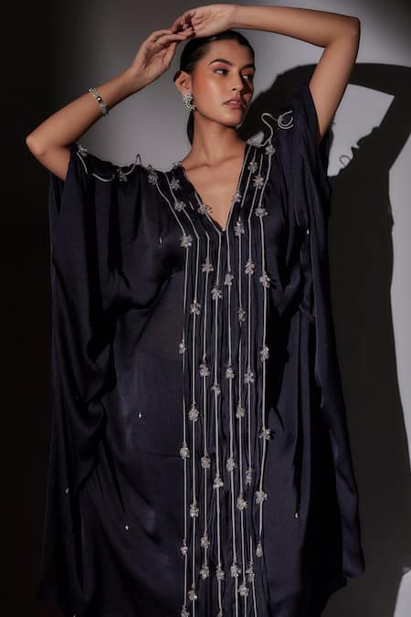 Ajiesh Oberoi Blue Chiffon, Satin Beads V-neck Navy Crystal Embroidered Kaftan And Pant Online at Aza Fashions Ajiesh Oberoi_Blue Chiffon, Satin Beads V-neck Navy Crystal Embroidered Kaftan And Pant _Online_at_Aza_Fashions