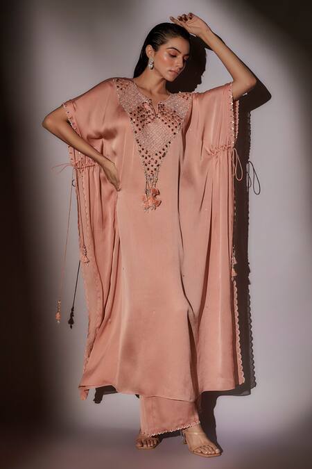 Ajiesh Oberoi_Peach Satin, Chiffon Beads, Pearls, Crystals Split Embroidered Kaftan And Pant Set _Online_at_Aza_Fashions