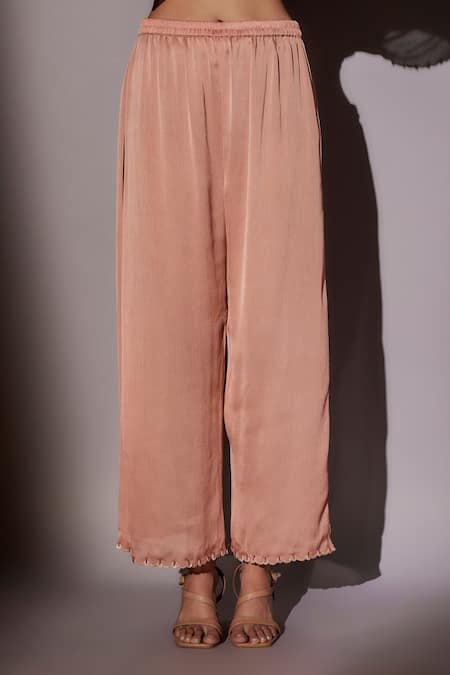 Shop_Ajiesh Oberoi_Peach Satin, Chiffon Beads, Pearls, Crystals Split Embroidered Kaftan And Pant Set _Online_at_Aza_Fashions