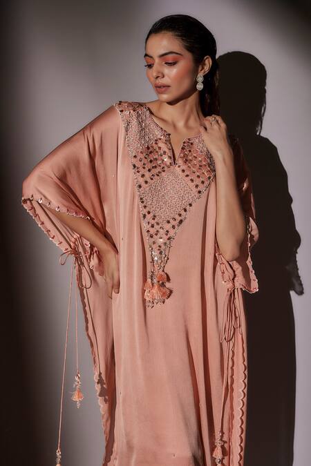 Ajiesh Oberoi_Peach Satin, Chiffon Beads, Pearls, Crystals Split Embroidered Kaftan And Pant Set _at_Aza_Fashions