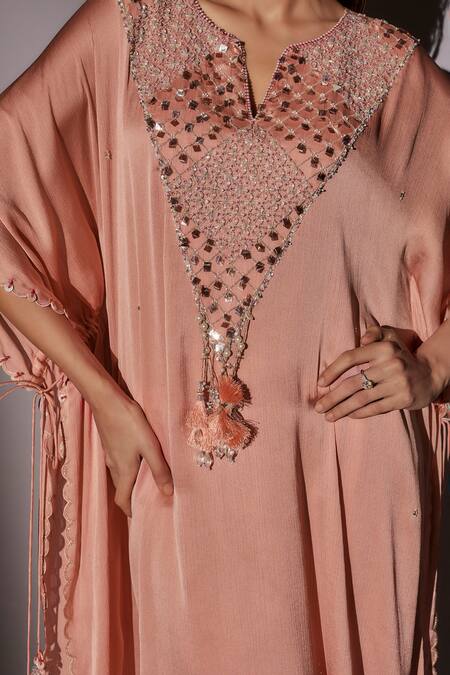 Buy_Ajiesh Oberoi_Peach Satin, Chiffon Beads, Pearls, Crystals Split Embroidered Kaftan And Pant Set 