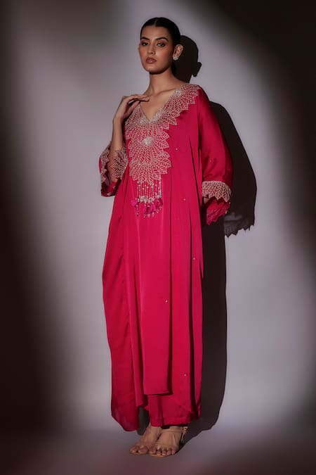 Ajiesh Oberoi_Pink Satin, Chiffon Crystals V-neck Embroidered Kaftan And Pant Set _Online_at_Aza_Fashions