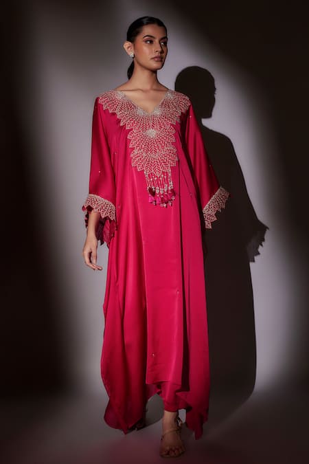 Ajiesh Oberoi Pink Satin Chiffon Embroidered Crystal V Neck Kaftan And Pant Set 