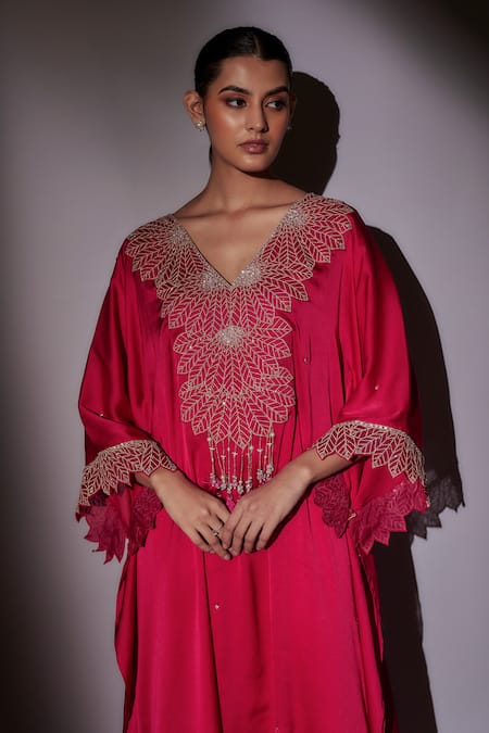 Shop_Ajiesh Oberoi_Pink Satin, Chiffon Crystals V-neck Embroidered Kaftan And Pant Set _Online_at_Aza_Fashions