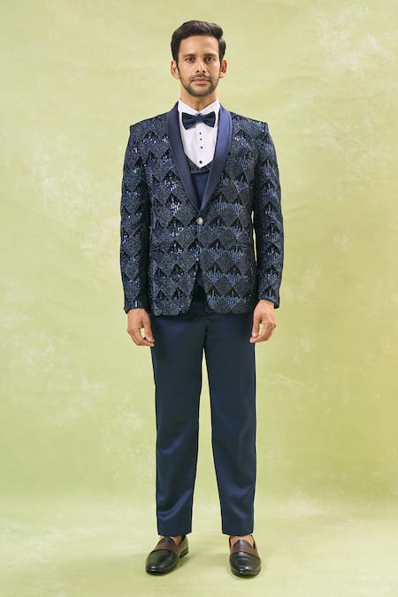 Arihant Rai Sinha_Blue Velvet, Polyester, Cotton, Silk Sequins, Embroidery Geometric Tuxedo Set _Online_at_Aza_Fashions