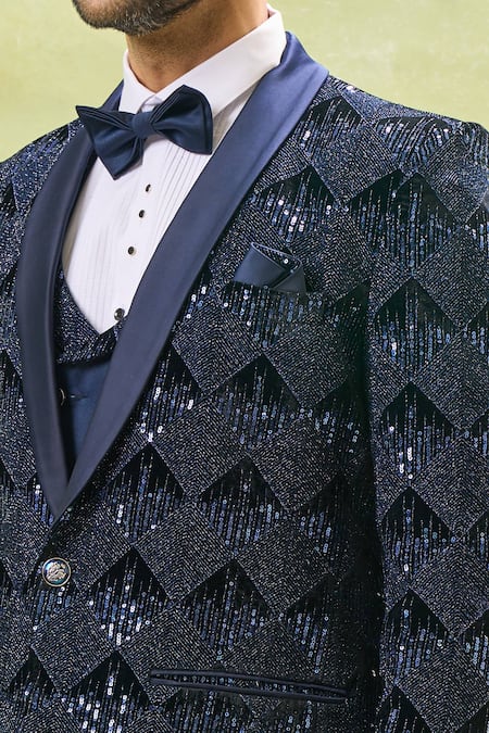 Shop_Arihant Rai Sinha_Blue Velvet, Polyester, Cotton, Silk Sequins, Embroidery Geometric Tuxedo Set _Online_at_Aza_Fashions