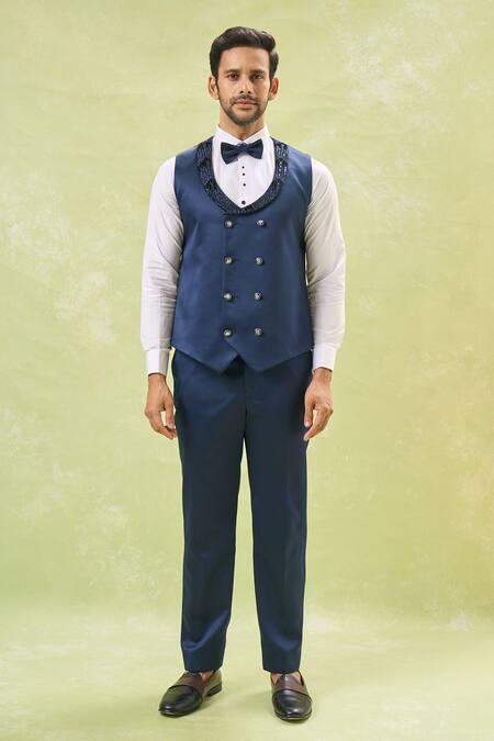 Arihant Rai Sinha_Blue Velvet, Polyester, Cotton, Silk Sequins, Embroidery Geometric Tuxedo Set _at_Aza_Fashions