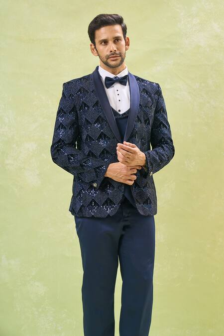 Shop_Arihant Rai Sinha_Blue Velvet, Polyester, Cotton, Silk Sequins, Embroidery Geometric Tuxedo Set 