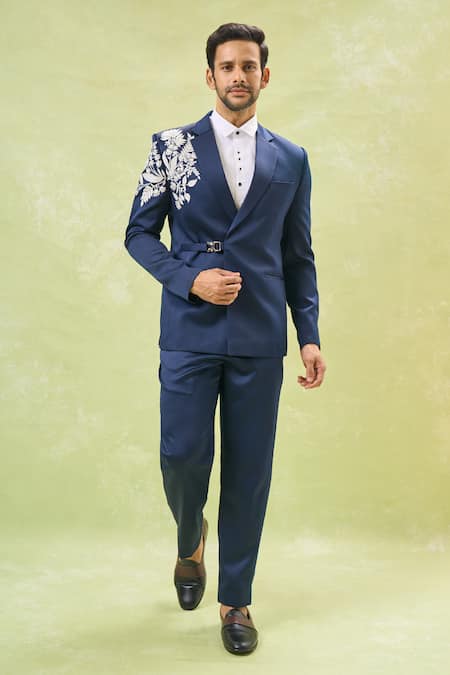 Arihant Rai Sinha Blue Cotton, Polyester Embroidery Floral Tuxedo Set Online at Aza Fashions Arihant Rai Sinha_Blue Cotton, Polyester Embroidery Floral Tuxedo Set _Online_at_Aza_Fashions