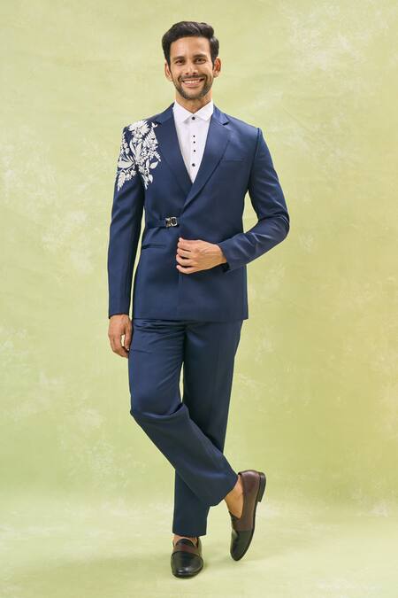 Buy Arihant Rai Sinha Blue Cotton, Polyester Embroidery Floral Tuxedo Set Online at Aza Fashions Buy_Arihant Rai Sinha_Blue Cotton, Polyester Embroidery Floral Tuxedo Set _Online_at_Aza_Fashions
