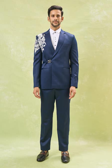 Shop Arihant Rai Sinha Blue Cotton, Polyester Embroidery Floral Tuxedo Set Shop_Arihant Rai Sinha_Blue Cotton, Polyester Embroidery Floral Tuxedo Set