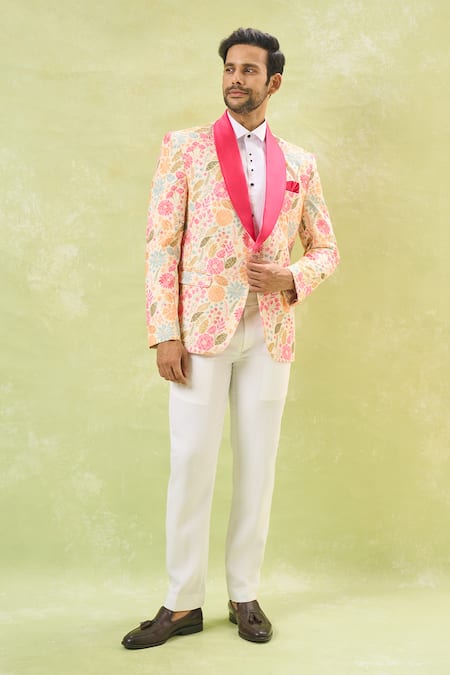 Arihant Rai Sinha Cream Rayon, Polyester, Cotton Sequins, Embroidery Floral Tuxedo Set at Aza Fashions Arihant Rai Sinha_Cream Rayon, Polyester, Cotton Sequins, Embroidery Floral Tuxedo Set _at_Aza_Fashions