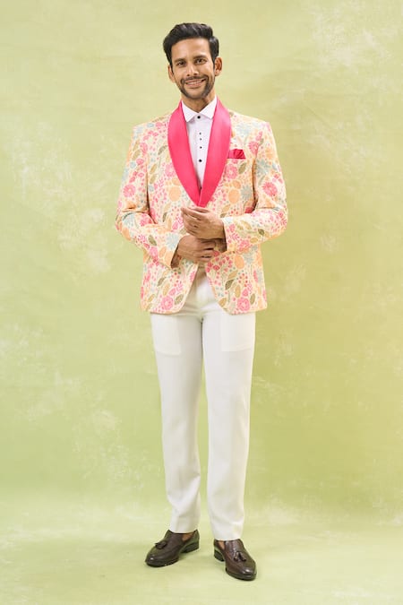 Buy Arihant Rai Sinha Cream Rayon, Polyester, Cotton Sequins, Embroidery Floral Tuxedo Set Buy_Arihant Rai Sinha_Cream Rayon, Polyester, Cotton Sequins, Embroidery Floral Tuxedo Set