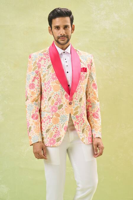 Shop Arihant Rai Sinha Cream Rayon, Polyester, Cotton Sequins, Embroidery Floral Tuxedo Set Shop_Arihant Rai Sinha_Cream Rayon, Polyester, Cotton Sequins, Embroidery Floral Tuxedo Set