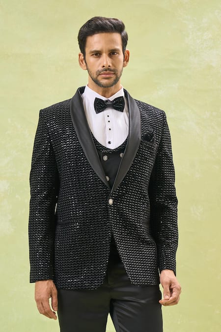 Arihant Rai Sinha_Black Velvet, Polyester, Cotton, Silk Sequins, Embroidery Tuxedo Set _Online_at_Aza_Fashions