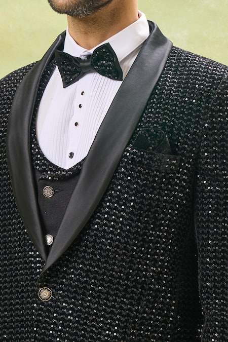 Arihant Rai Sinha_Black Velvet, Polyester, Cotton, Silk Sequins, Embroidery Tuxedo Set _at_Aza_Fashions