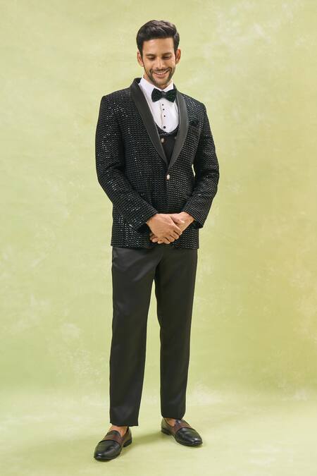 Shop_Arihant Rai Sinha_Black Velvet, Polyester, Cotton, Silk Sequins, Embroidery Tuxedo Set 