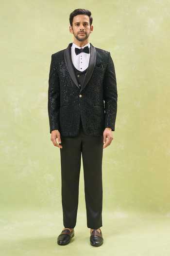 Shop_Arihant Rai Sinha_Black Velvet, Polyester, Cotton, Silk Sequins, Embroidery Tuxedo Set 