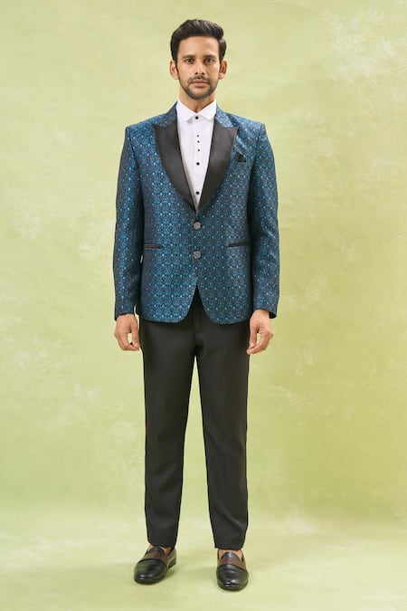 Arihant Rai Sinha_Blue Jacquard, Polyester, Cotton Sequins, Embroidery Floral Tuxedo Set _Online_at_Aza_Fashions