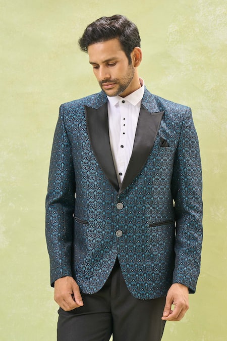 Shop_Arihant Rai Sinha_Blue Jacquard, Polyester, Cotton Sequins, Embroidery Floral Tuxedo Set _Online_at_Aza_Fashions