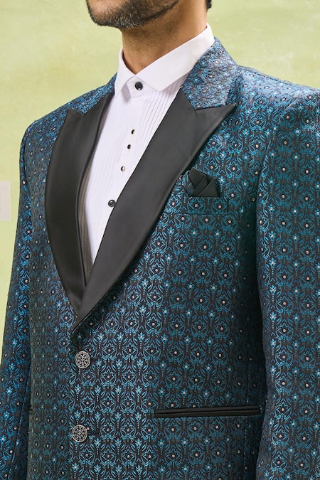 Buy_Arihant Rai Sinha_Blue Jacquard, Polyester, Cotton Sequins, Embroidery Floral Tuxedo Set 