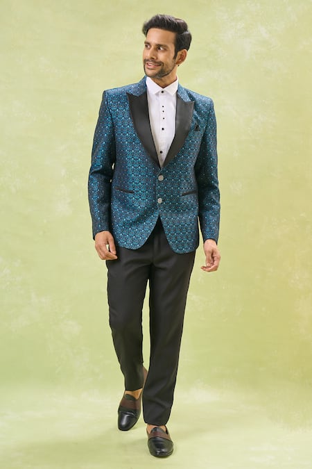 Shop_Arihant Rai Sinha_Blue Jacquard, Polyester, Cotton Sequins, Embroidery Floral Tuxedo Set 