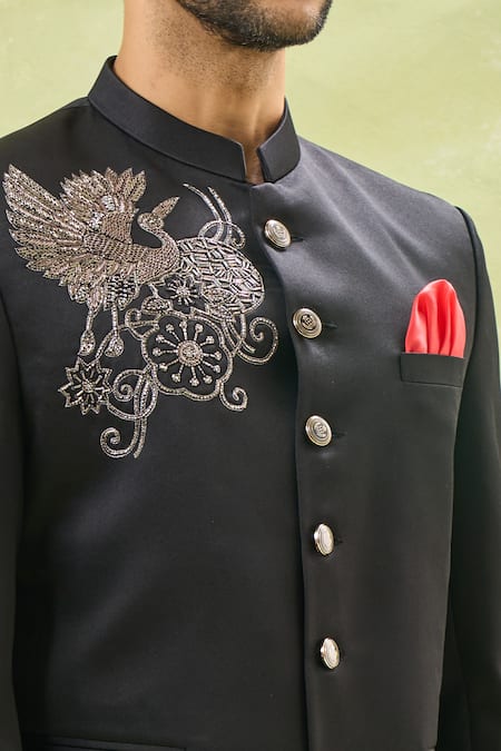 Arihant Rai Sinha_Black Cotton Cut Work, Embroidery Bird Bandhgala Set _Online_at_Aza_Fashions