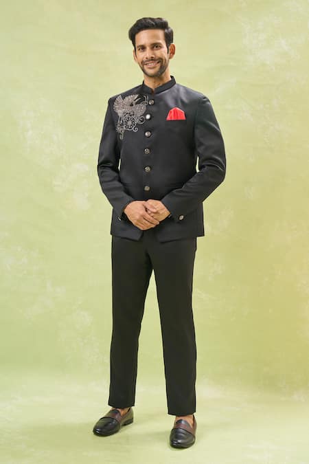 Buy_Arihant Rai Sinha_Black Cotton Cut Work, Embroidery Bird Bandhgala Set _Online_at_Aza_Fashions