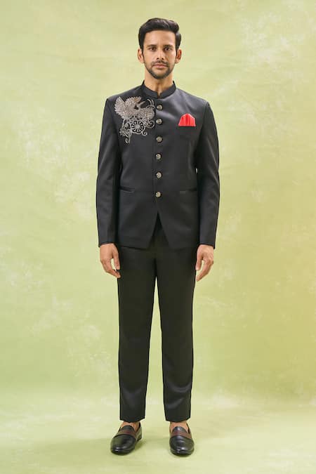 Shop_Arihant Rai Sinha_Black Cotton Cut Work, Embroidery Bird Bandhgala Set _Online_at_Aza_Fashions