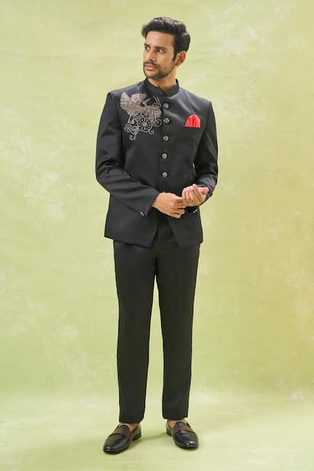 Arihant Rai Sinha_Black Cotton Cut Work, Embroidery Bird Bandhgala Set _at_Aza_Fashions