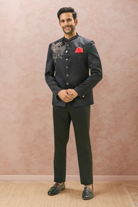 Arihant Rai Sinha Black Cotton Cut Work, Embroidery Bird Bandhgala Set 
