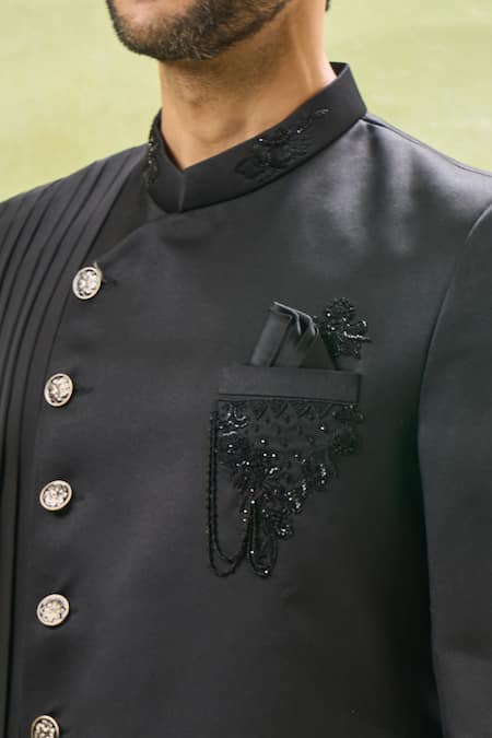 Arihant Rai Sinha_Black Cotton Beads, Embroidery Pleated Bandhgala Set With Pant _Online_at_Aza_Fashions