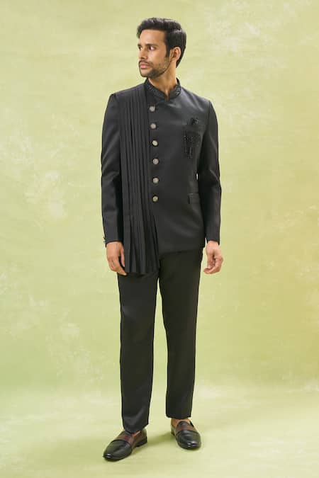 Shop_Arihant Rai Sinha_Black Cotton Beads, Embroidery Pleated Bandhgala Set With Pant _Online_at_Aza_Fashions