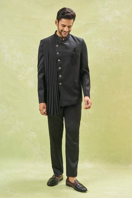 Arihant Rai Sinha_Black Cotton Beads, Embroidery Pleated Bandhgala Set With Pant _at_Aza_Fashions