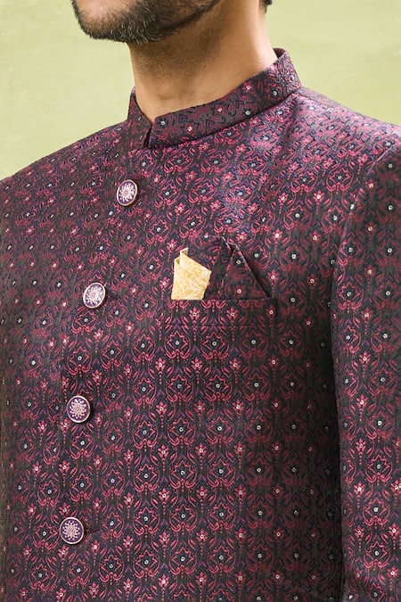 Arihant Rai Sinha Maroon Jacquard, Cotton Sequins, Embroidery Floral Bandhgala And Pant Set Online at Aza Fashions Arihant Rai Sinha_Maroon Jacquard, Cotton Sequins, Embroidery Floral Bandhgala And Pant Set _Online_at_Aza_Fashions