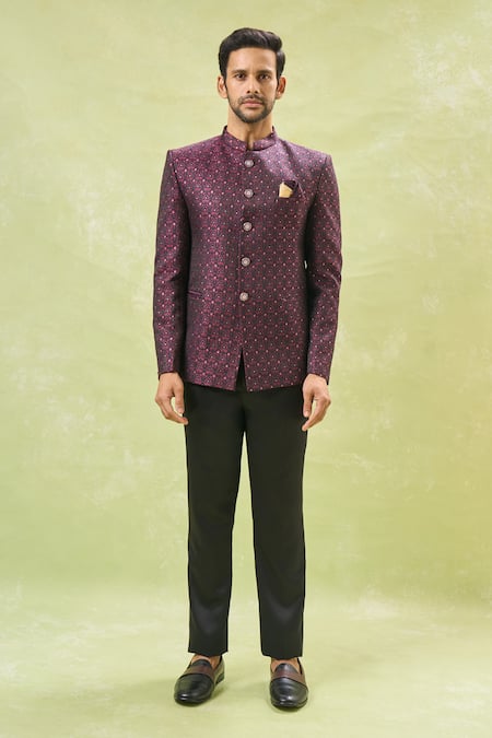 Buy Arihant Rai Sinha Maroon Jacquard, Cotton Sequins, Embroidery Floral Bandhgala And Pant Set Online at Aza Fashions Buy_Arihant Rai Sinha_Maroon Jacquard, Cotton Sequins, Embroidery Floral Bandhgala And Pant Set _Online_at_Aza_Fashions