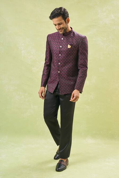 Shop Arihant Rai Sinha Maroon Jacquard, Cotton Sequins, Embroidery Floral Bandhgala And Pant Set Online at Aza Fashions Shop_Arihant Rai Sinha_Maroon Jacquard, Cotton Sequins, Embroidery Floral Bandhgala And Pant Set _Online_at_Aza_Fashions