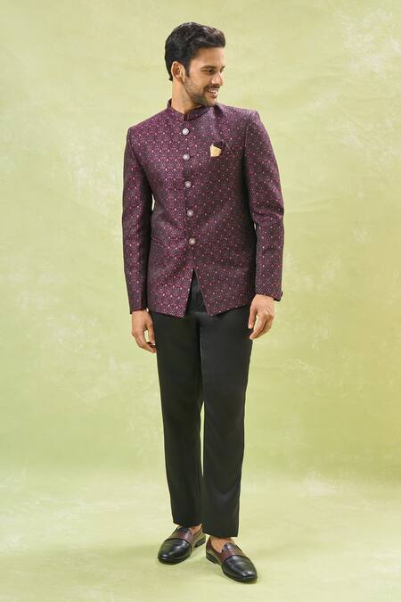 Arihant Rai Sinha Maroon Jacquard, Cotton Sequins, Embroidery Floral Bandhgala And Pant Set at Aza Fashions Arihant Rai Sinha_Maroon Jacquard, Cotton Sequins, Embroidery Floral Bandhgala And Pant Set _at_Aza_Fashions