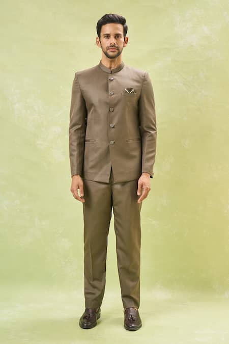 Buy_Arihant Rai Sinha_Brown Jacquard, Cotton Solid Mandarin Collar Bandhgala Set _Online_at_Aza_Fashions