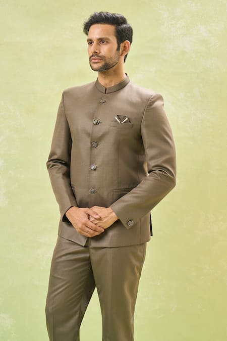 Arihant Rai Sinha_Brown Jacquard, Cotton Solid Mandarin Collar Bandhgala Set _at_Aza_Fashions