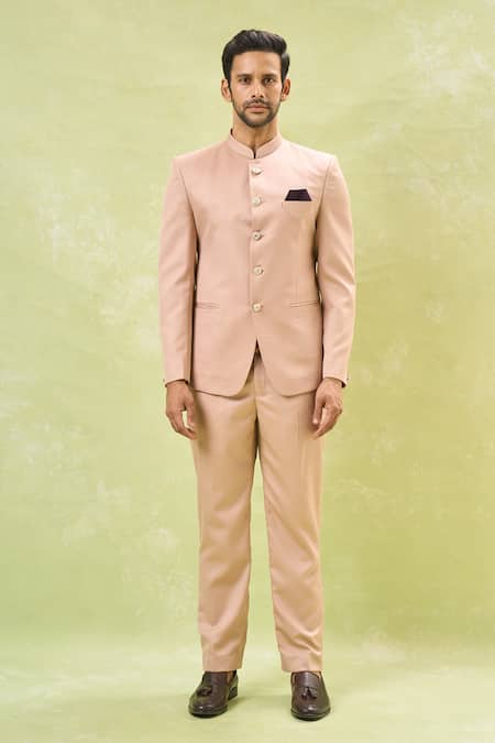 Arihant Rai Sinha_Pink Cotton Mandarin Collared Bandhgala And Pant Set _Online_at_Aza_Fashions